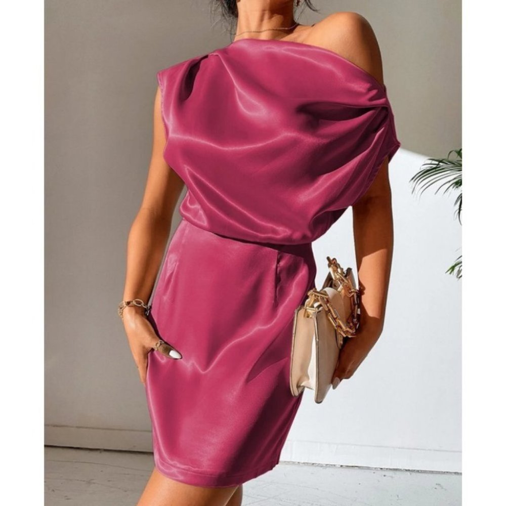 Pink Asymmetrical Neck Satin Mini Dress - Picture 1 of 8
